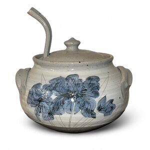 Handcrafted Studio Pottery Soup Tureen with Lid Ladle Blue Floral Glazed Design